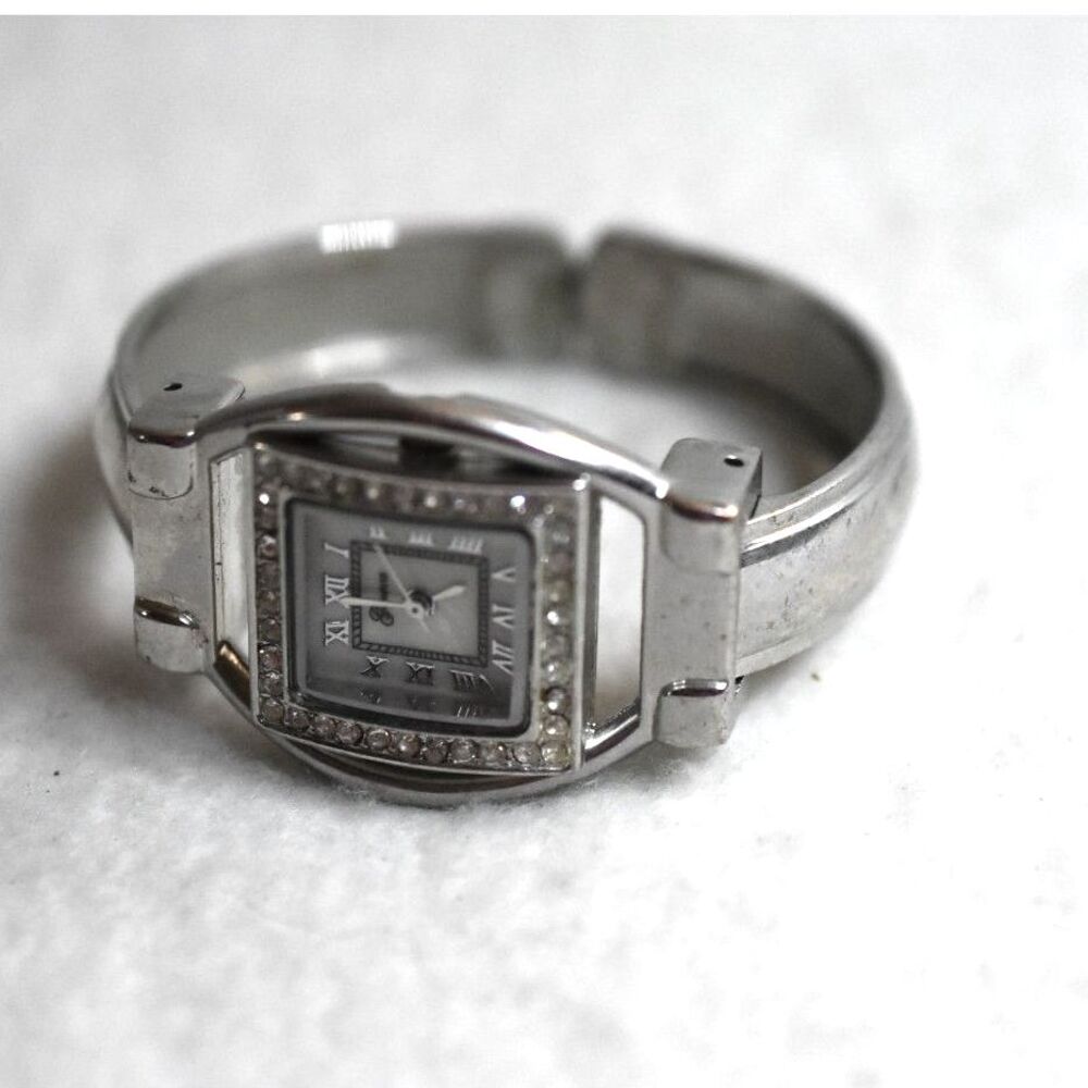 Geneva White Face Rhinestone Accent Silver Tone 6" Cuff New Battery Watch